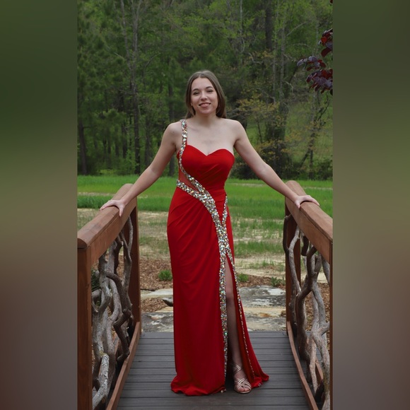 Jovani Red One Shoulder Prom Dress - Picture 3 of 5
